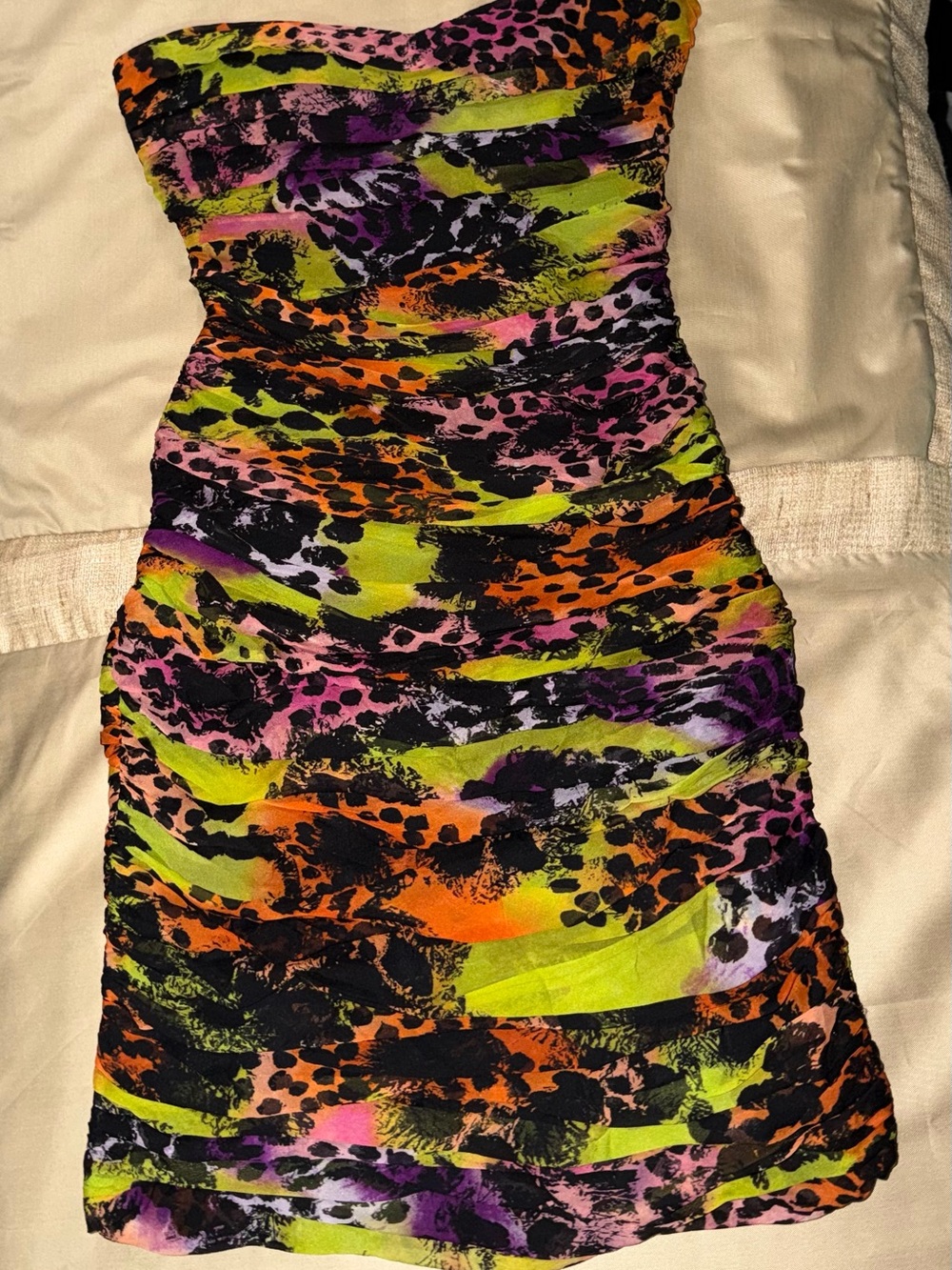 Diane Von Furstenberg Neon Animal Print Silk Strapless Dress